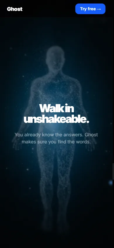 Ghost's mobile landing page with the particle ghost and the line: walk in unshakeable.