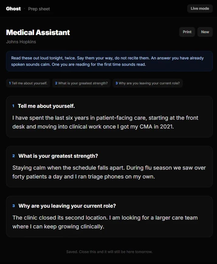 Ghost's prep sheet showing generated answers to common interview questions, built from an uploaded resume.