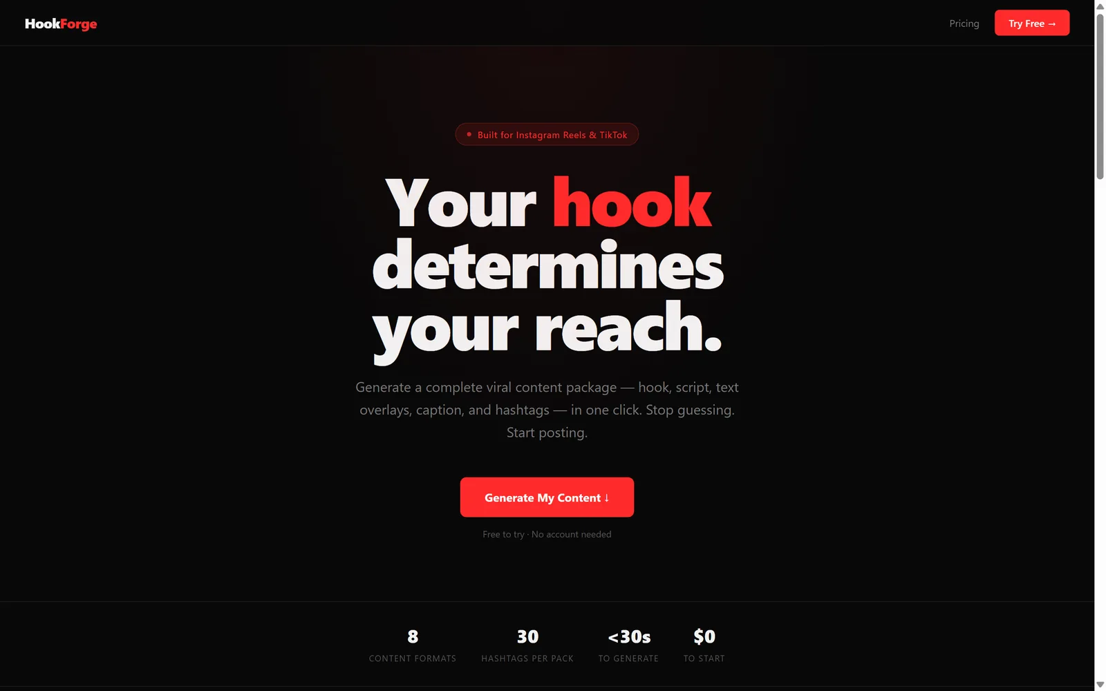 HookForge's landing page: your hook determines your reach, with a generate button and counters for content formats and hashtags.